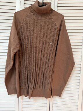 Men's Brown Turtleneck Cable-Knit Sweater